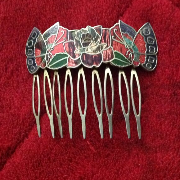 Vintage Genuine Cloisonne Enamel Hair Combs w/ Butterfly & Roses **Read Listing* - Picture 1 of 4